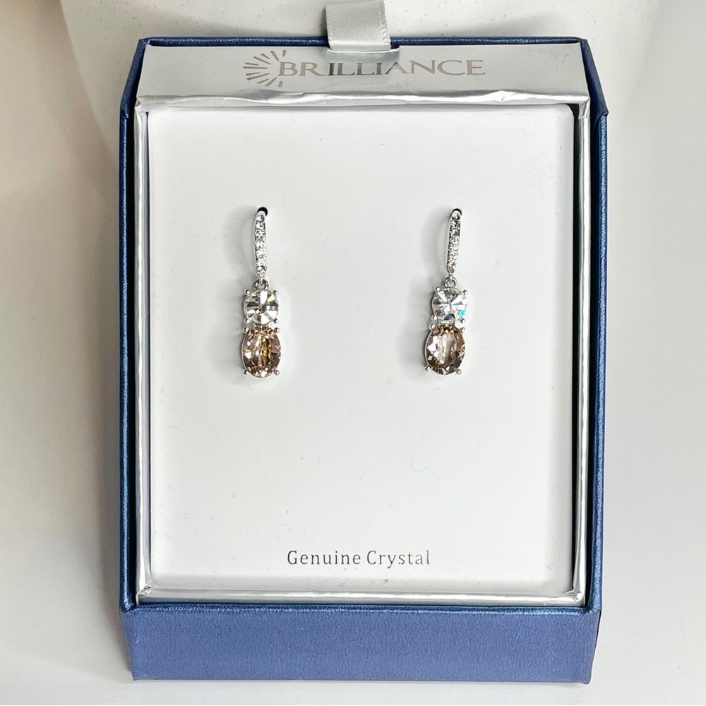 Genuine crystal, coral pink, and silver dangling earrings